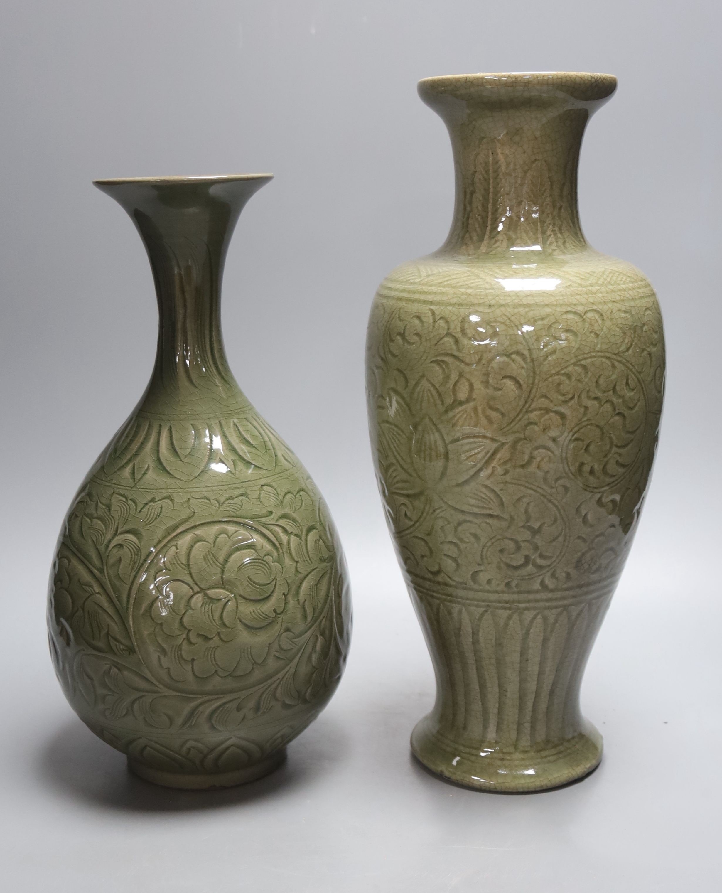 Two Chinese celadon glazed vases, tallest 36cm